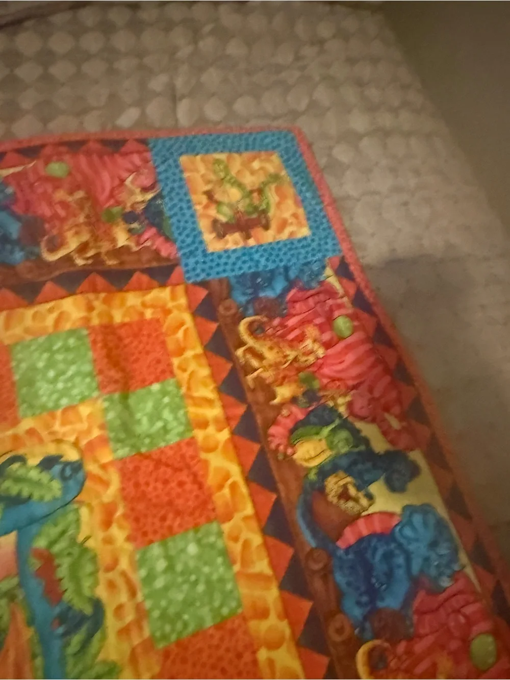 Homemade Dinosaur quilt Colorful Quilt Bright multi colors and dinosaurs